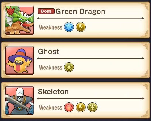 Debilidades del Green Dragon, Ghost y Skeleton en Dragon Quest Smash/Grow